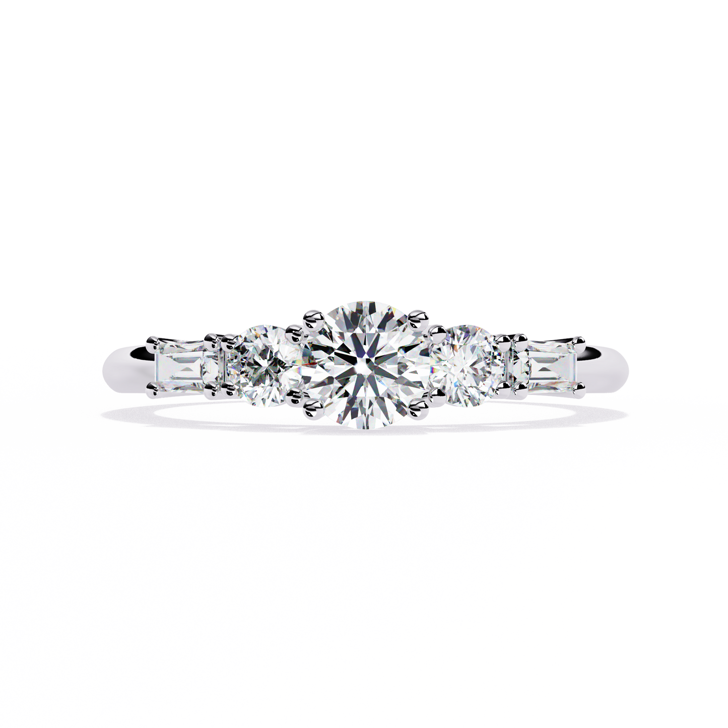 White gold ring with round center diamond and tapered baguette accents