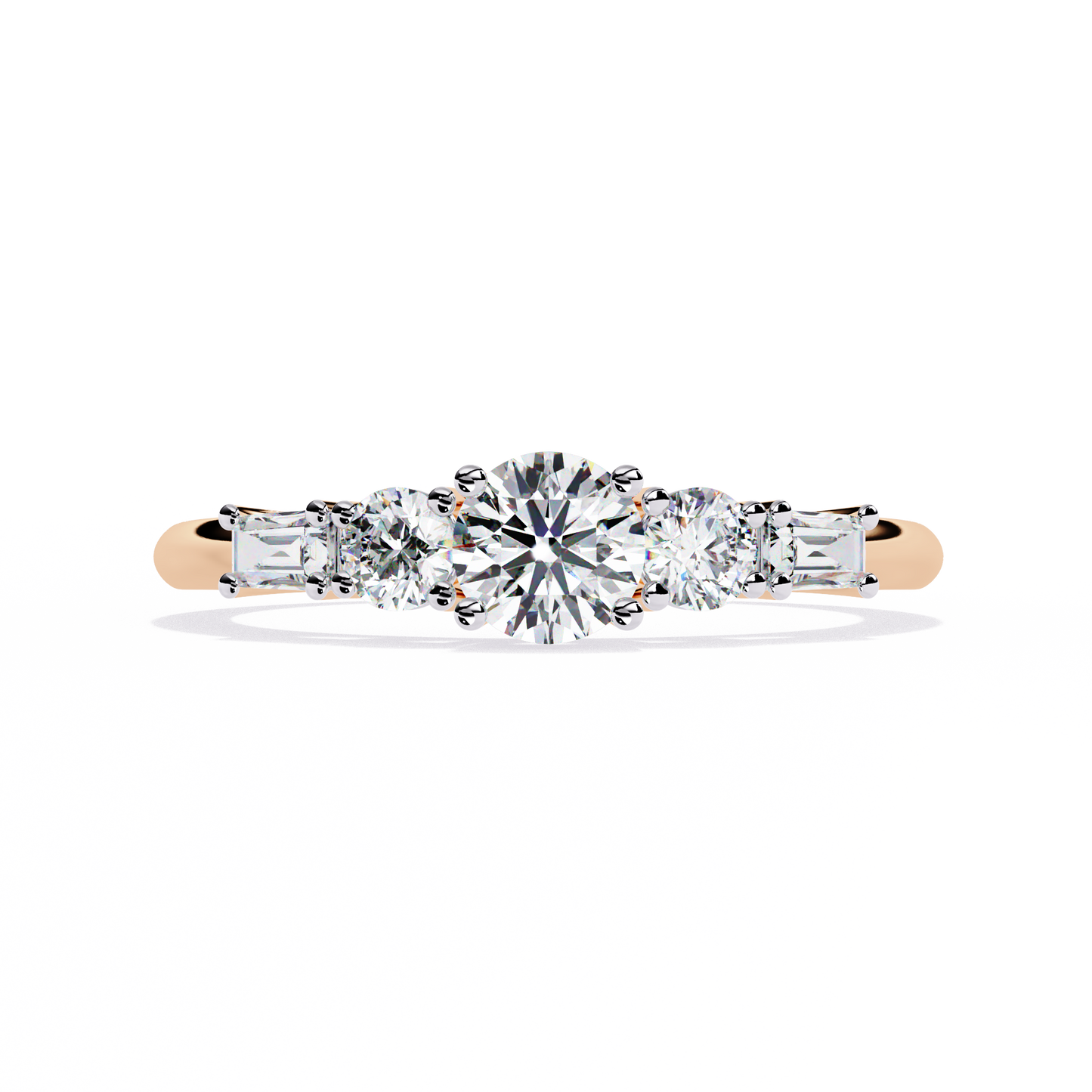 Front view of round and baguette cut lab grown diamond five stone ring