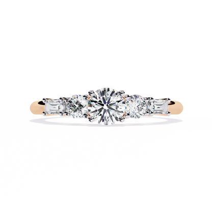 Front view of round and baguette cut lab grown diamond five stone ring