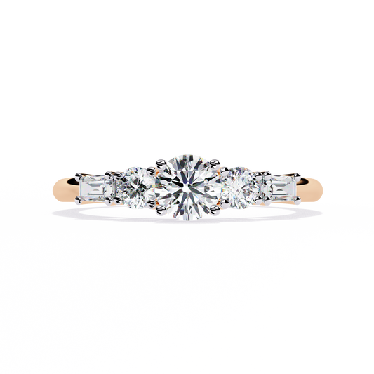 Front view of round and baguette cut lab grown diamond five stone ring