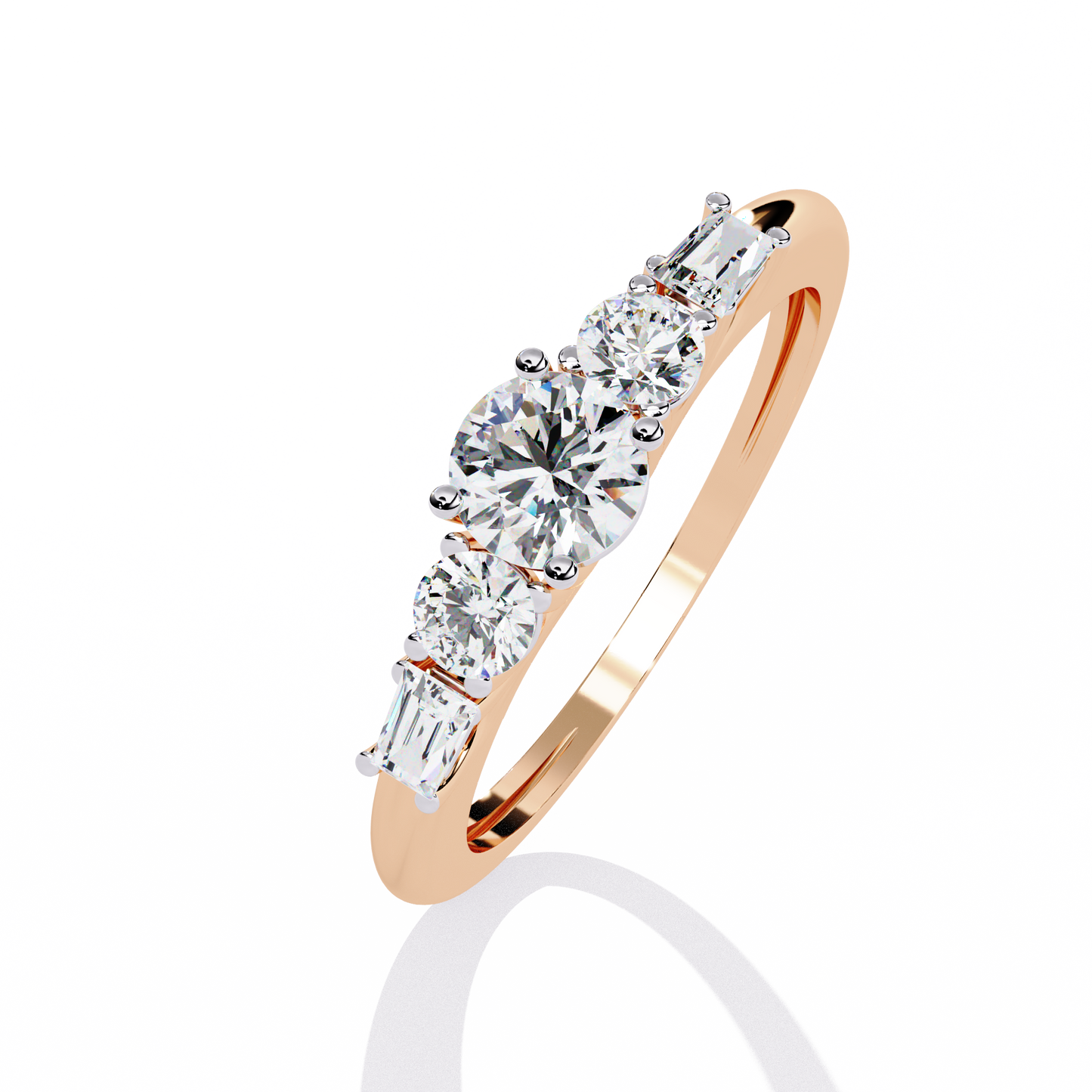 Five stone diamond ring with round and baguette side stones