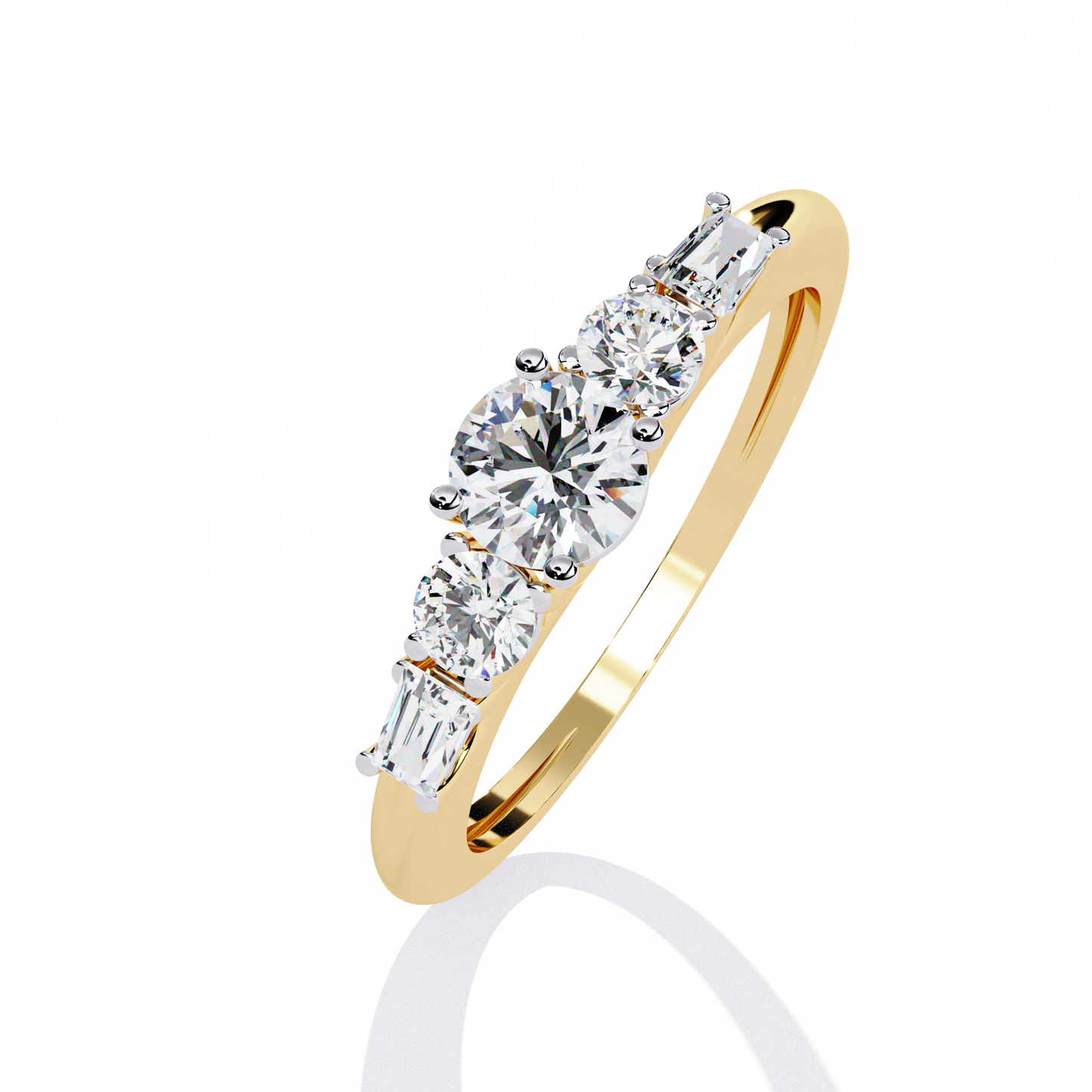 Modern five stone ring with clean baguette diamond setting