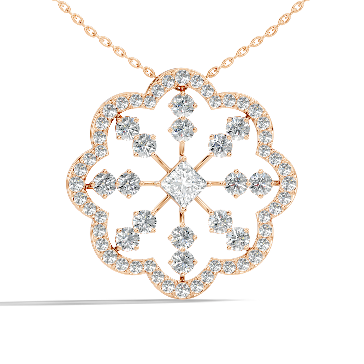 Princess Cut Lab-Grown Diamond Pendant Vintage Floral 14K Rose Gold Necklace - HIGHCARAT DIAMONDS