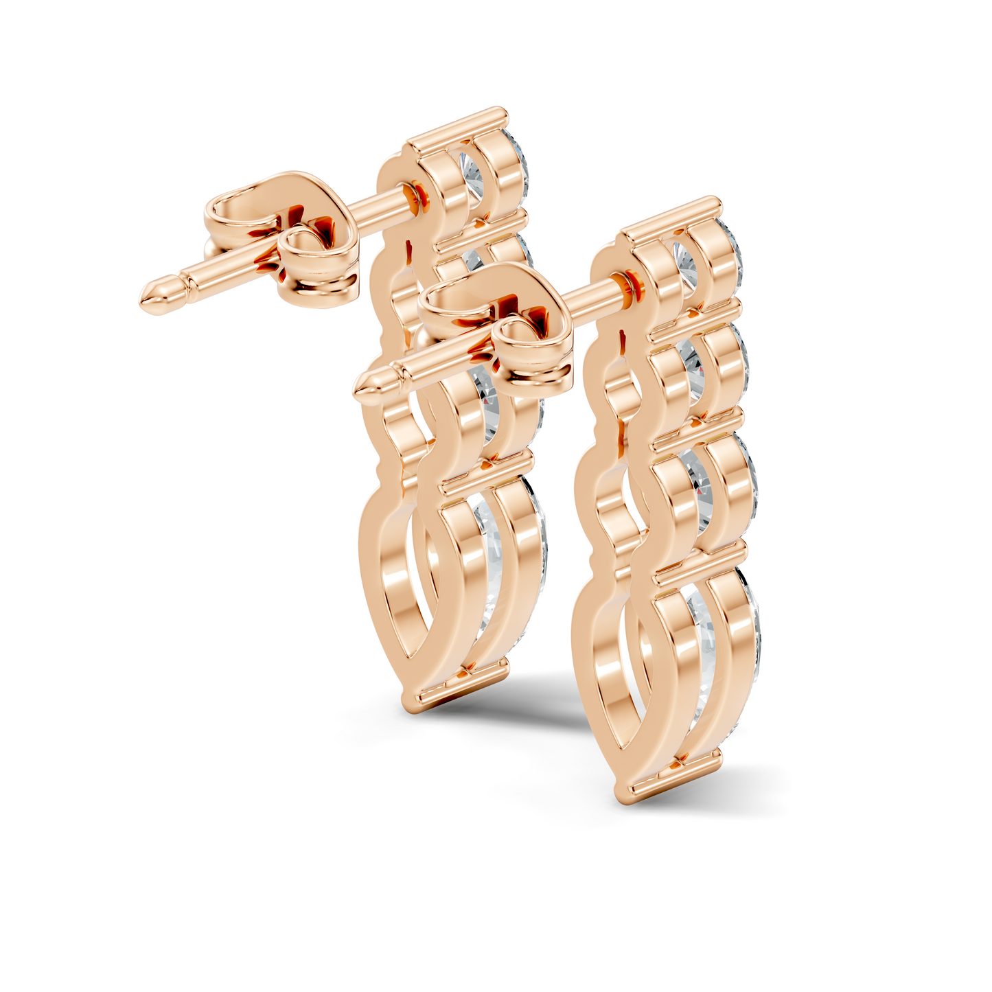 Handcrafted Gold Round Labgrown Diamond Strud Earrings Long Drop Style with Pear Cut Stones - HIGHCARAT DIAMONDS