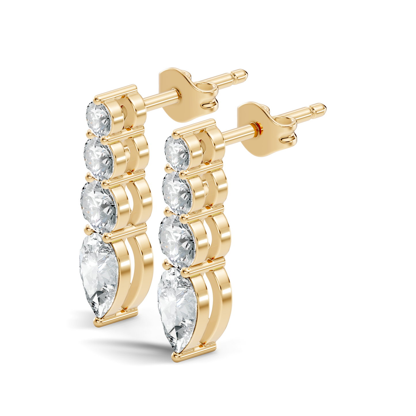 Handcrafted Gold Round Labgrown Diamond Strud Earrings Long Drop Style with Pear Cut Stones - HIGHCARAT DIAMONDS