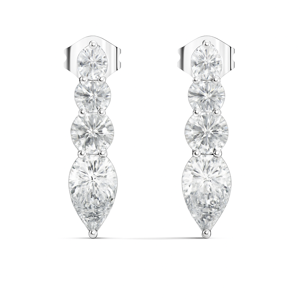 Handcrafted Gold Round Labgrown Diamond Strud Earrings Long Drop Style with Pear Cut Stones - HIGHCARAT DIAMONDS