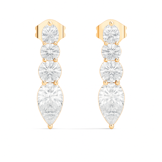 Handcrafted Gold Round Labgrown Diamond Strud Earrings Long Drop Style with Pear Cut Stones - HIGHCARAT DIAMONDS