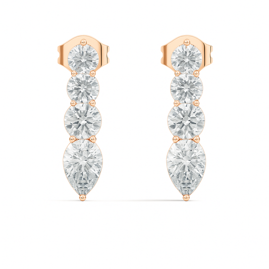 Handcrafted Gold Round Labgrown Diamond Strud Earrings Long Drop Style with Pear Cut Stones - HIGHCARAT DIAMONDS