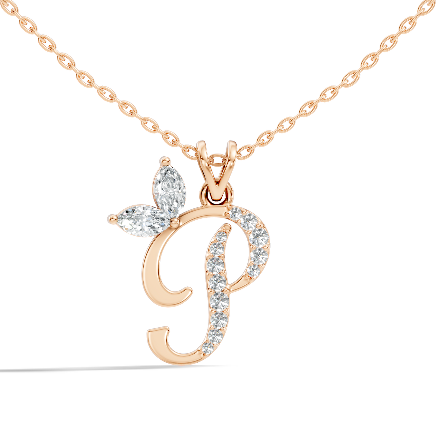 Rose gold P letter pendant with round lab diamonds and butterfly detail
