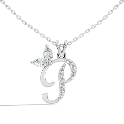 Front view of P initial diamond pendant necklace with marquise accent in white gold
