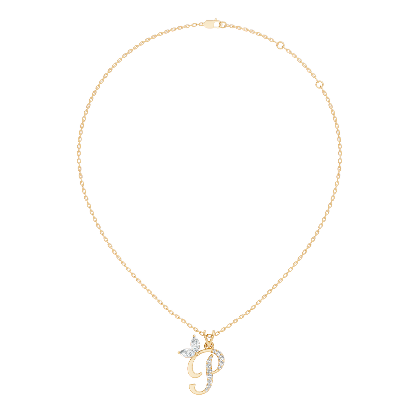 Angled view of letter P lab diamond pendant necklace in white gold