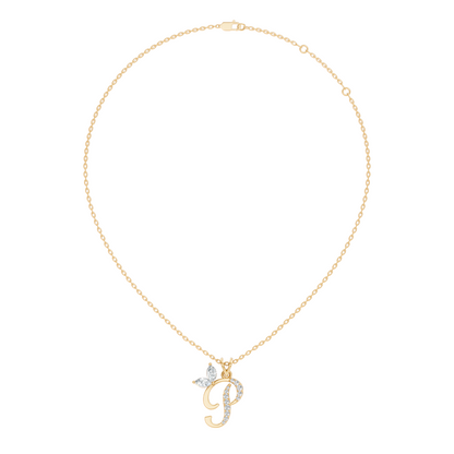 Angled view of letter P lab diamond pendant necklace in white gold