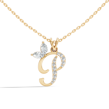 Diamond P initial pendant necklace worn around neck in white gold
