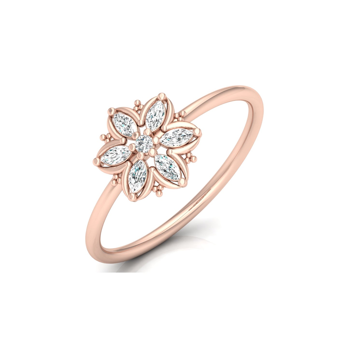 Handmade Floral Ring Marquise and Round Diamond Design Available in Every Gold