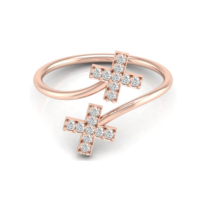 Cross Bypass Round Shaped Diamond Ring 14KT Solid Rose Gold Open Wrap Ring for Women