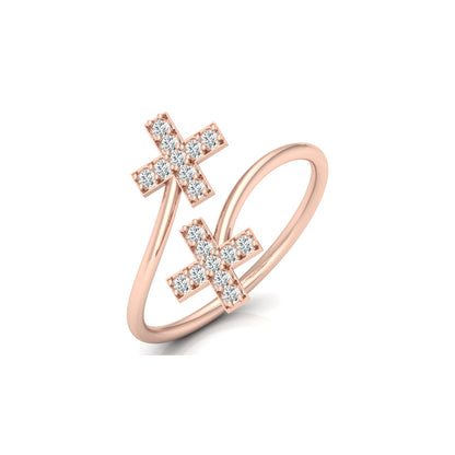Cross Bypass Round Shaped Diamond Ring 14KT Solid Rose Gold Open Wrap Ring for Women