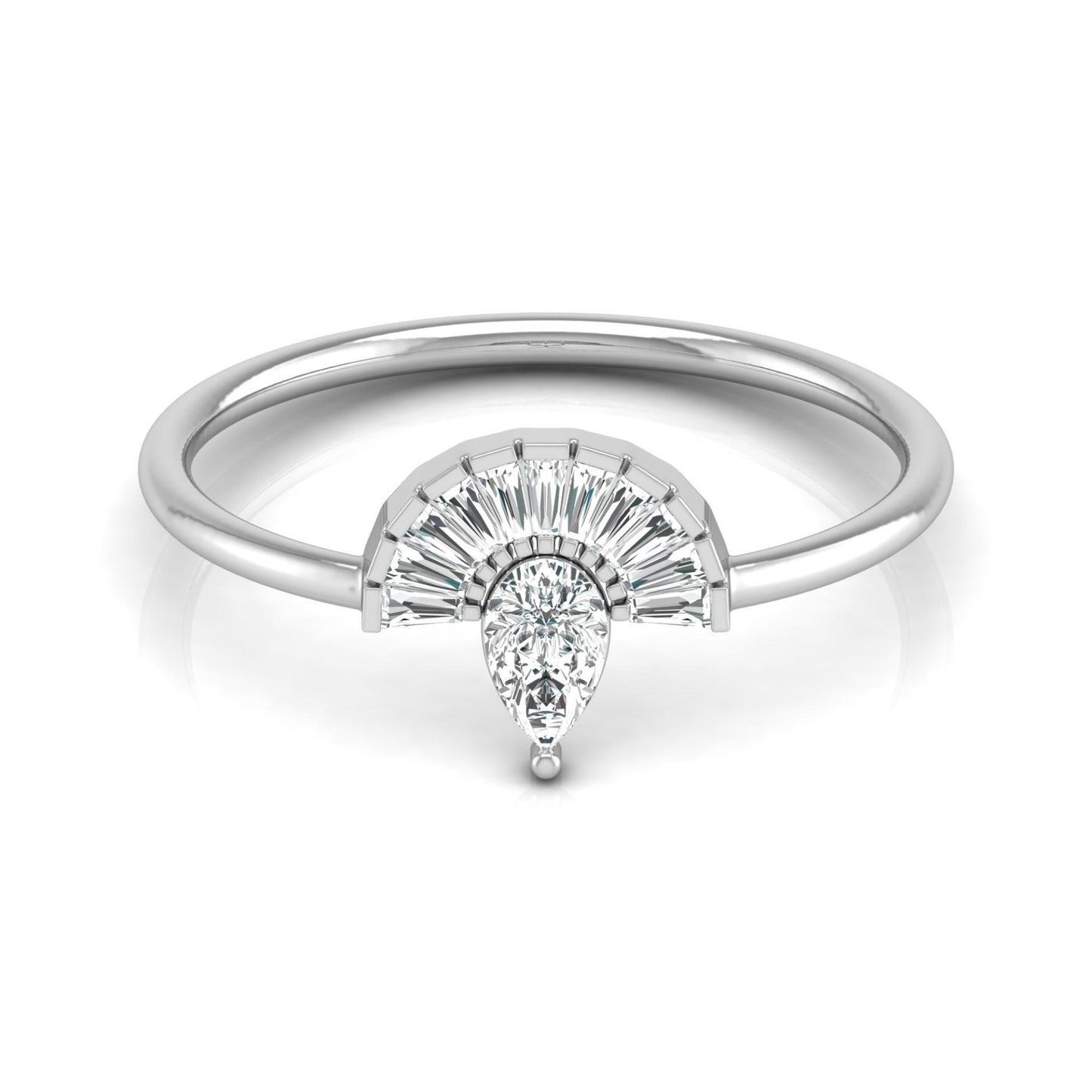 Unique Half-Fan Diamond Ring Featuring Pear and Baguette Cuts In 14K Gold For Her