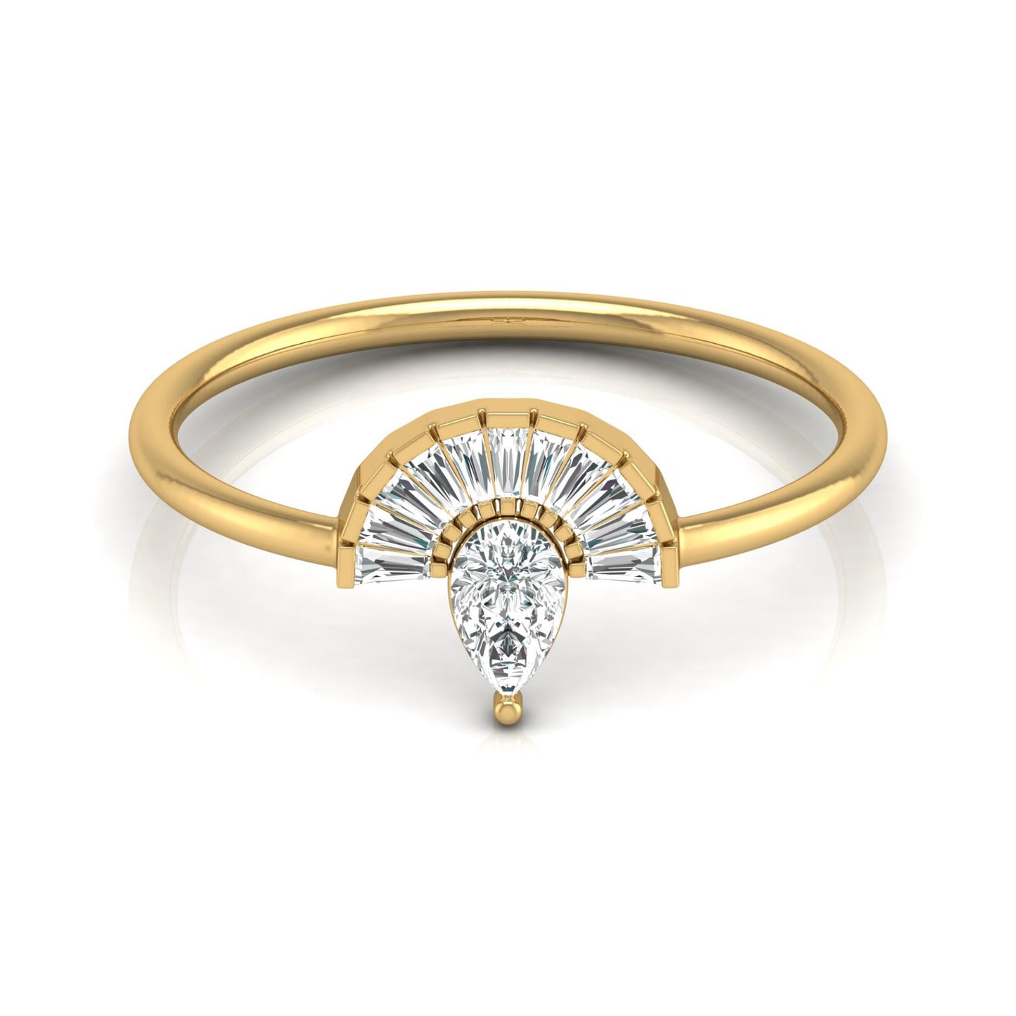 Unique Half-Fan Diamond Ring Featuring Pear and Baguette Cuts In 14K Gold For Her
