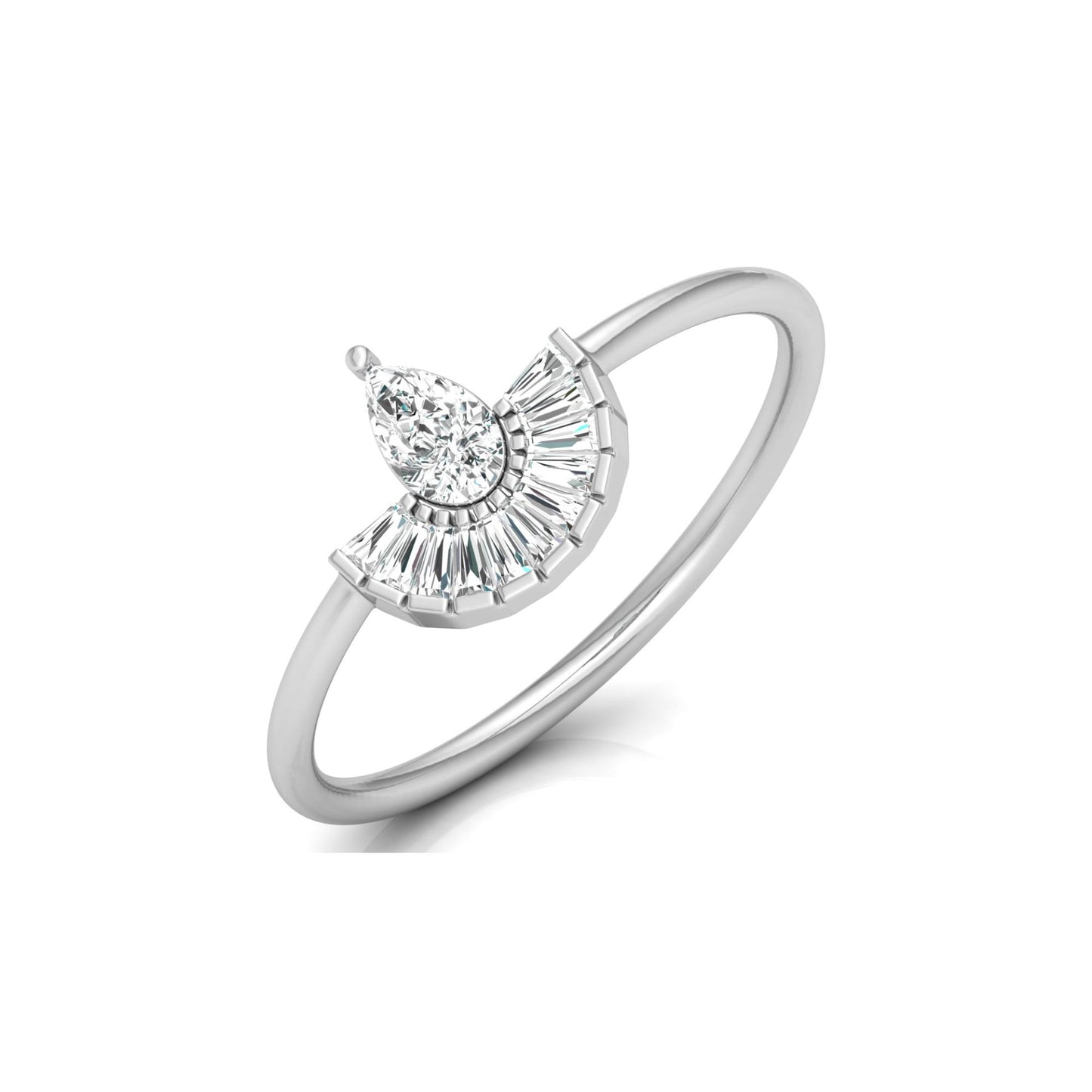 Unique Half-Fan Diamond Ring Featuring Pear and Baguette Cuts In 14K Gold For Her
