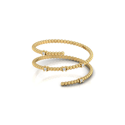 Wrap-Style Beaded Diamond Ring In 14K Solid Gold Modern Spiral Design Gift For Her