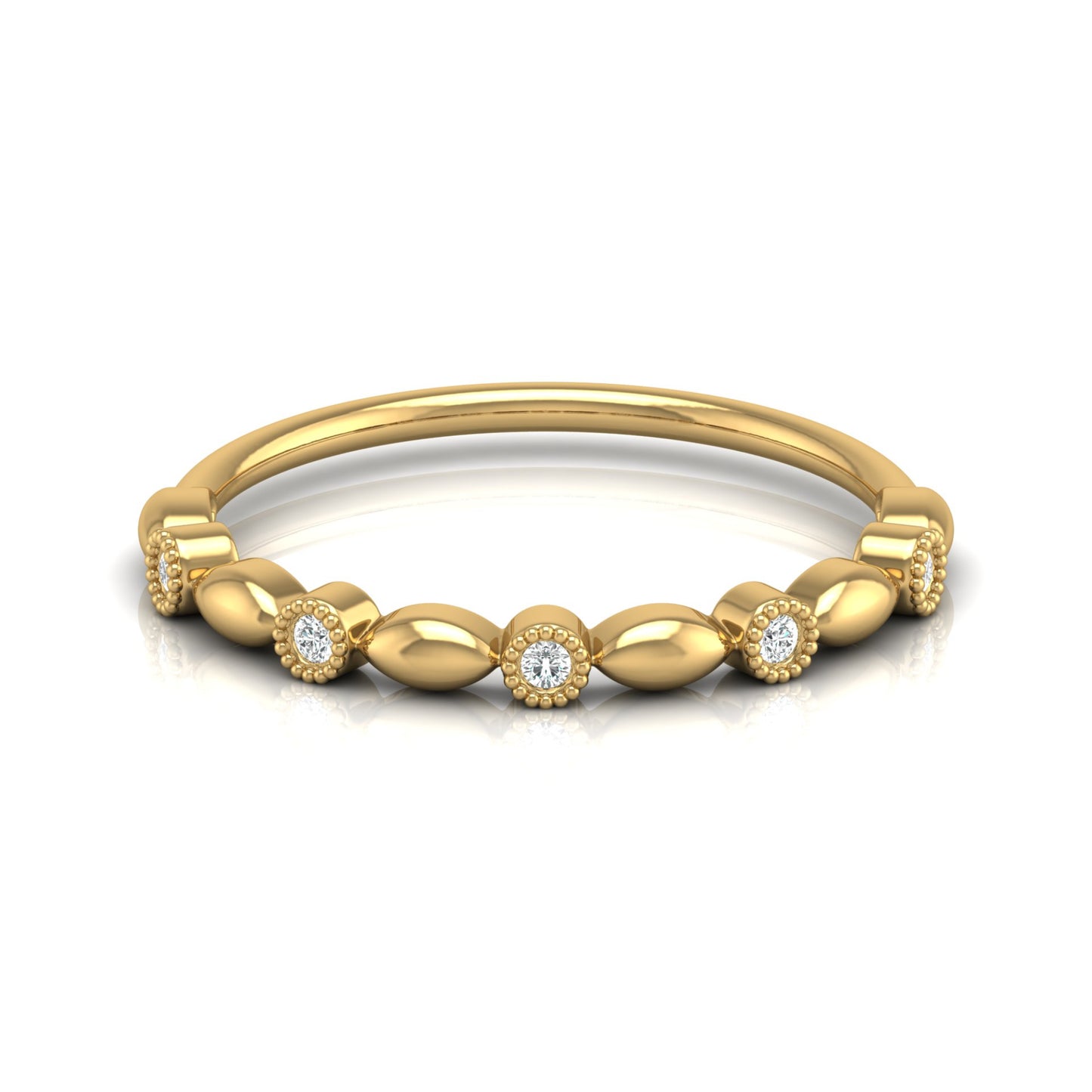 Delicate Beaded Diamond Band 14K Solid Gold Stackable Ring with Round Diamonds