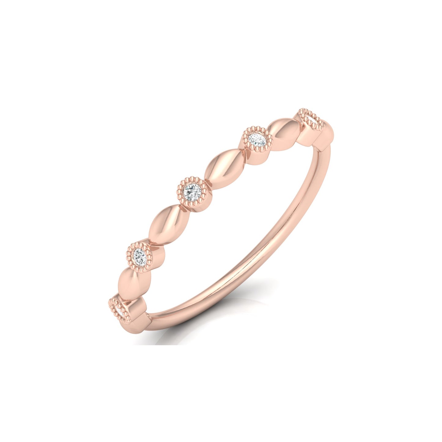 Delicate Beaded Diamond Band 14K Solid Gold Stackable Ring with Round Diamonds