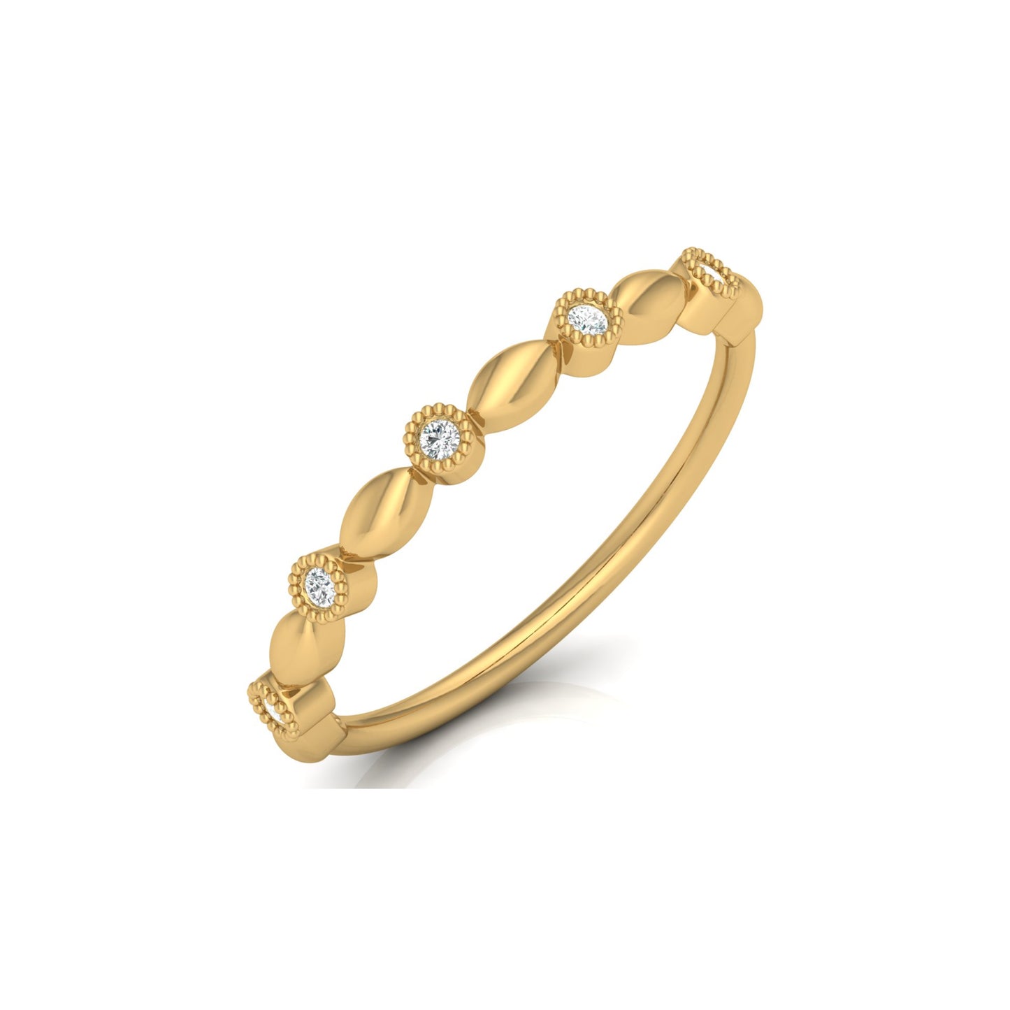 Delicate Beaded Diamond Band 14K Solid Gold Stackable Ring with Round Diamonds