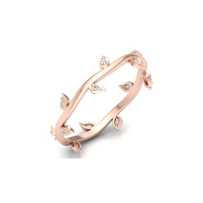 14K Solid Gold Leaf Diamond Band Ring for Women Nature-Inspired Everyday Wear Jewelry