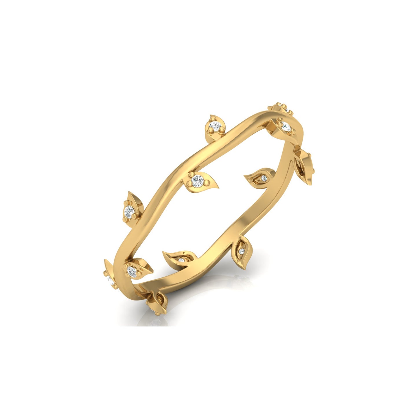 14K Solid Gold Leaf Diamond Band Ring for Women Nature-Inspired Everyday Wear Jewelry