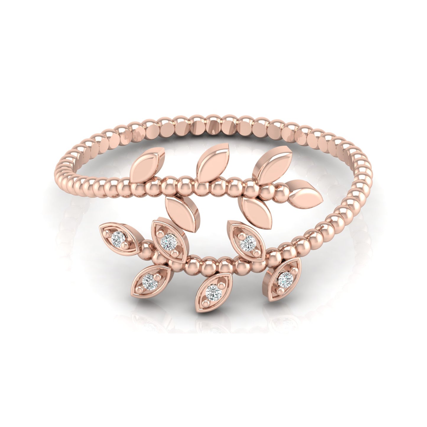 Olive Leaf Wrap Diamond Ring For Women's Beaded Band Nature-Inspired Ring In 14K Solid Gold