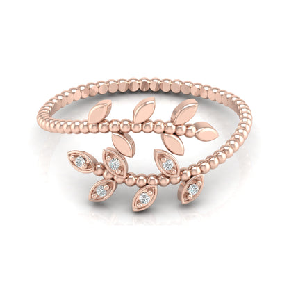 Olive Leaf Wrap Diamond Ring For Women's Beaded Band Nature-Inspired Ring In 14K Solid Gold