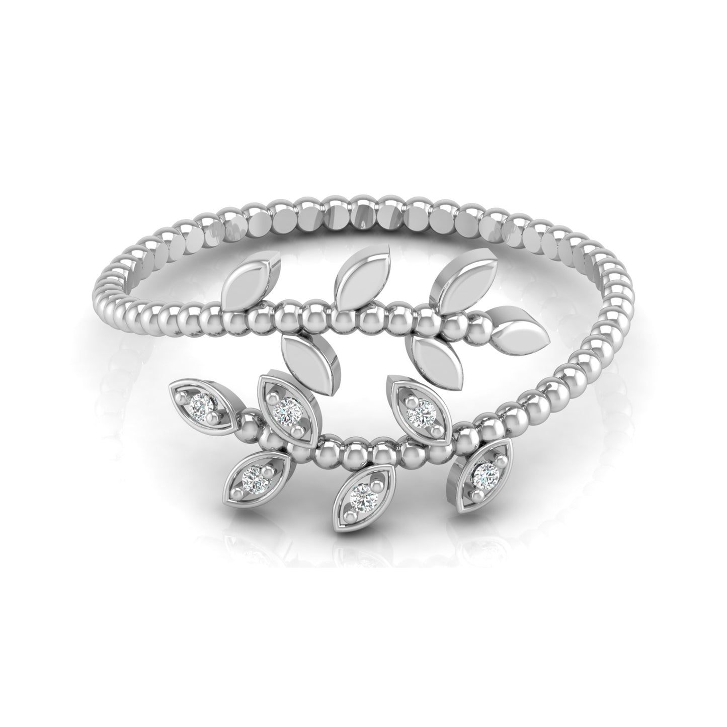 Olive Leaf Wrap Diamond Ring For Women's Beaded Band Nature-Inspired Ring In 14K Solid Gold