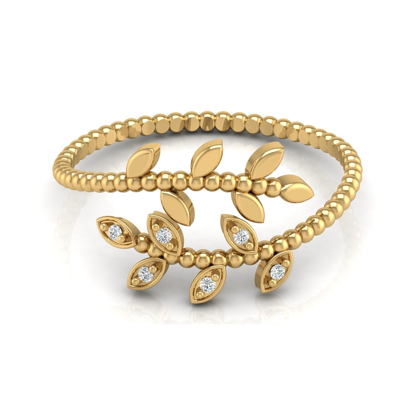 Olive Leaf Wrap Diamond Ring For Women's Beaded Band Nature-Inspired Ring In 14K Solid Gold