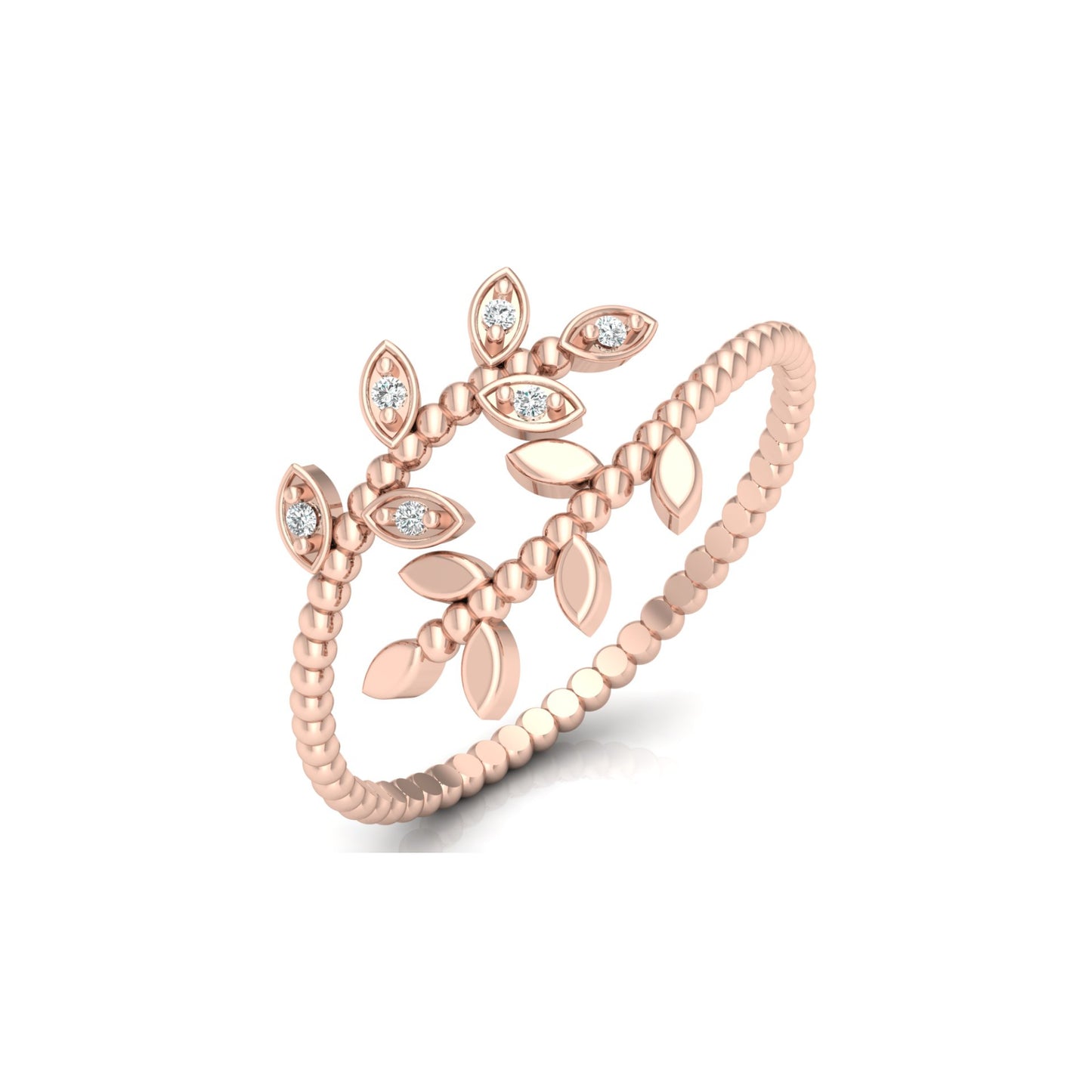 Olive Leaf Wrap Diamond Ring For Women's Beaded Band Nature-Inspired Ring In 14K Solid Gold