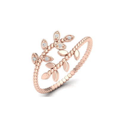Olive Leaf Wrap Diamond Ring For Women's Beaded Band Nature-Inspired Ring In 14K Solid Gold
