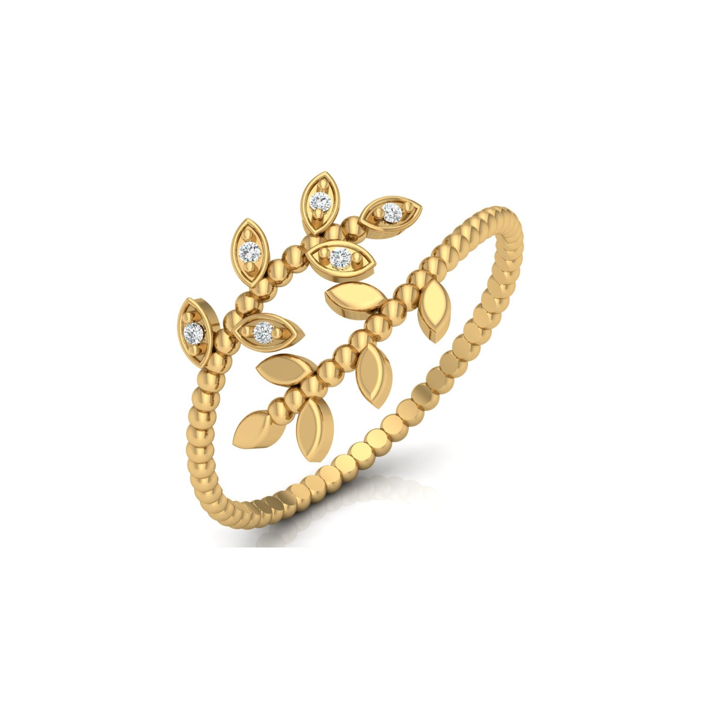 Olive Leaf Wrap Diamond Ring For Women's Beaded Band Nature-Inspired Ring In 14K Solid Gold