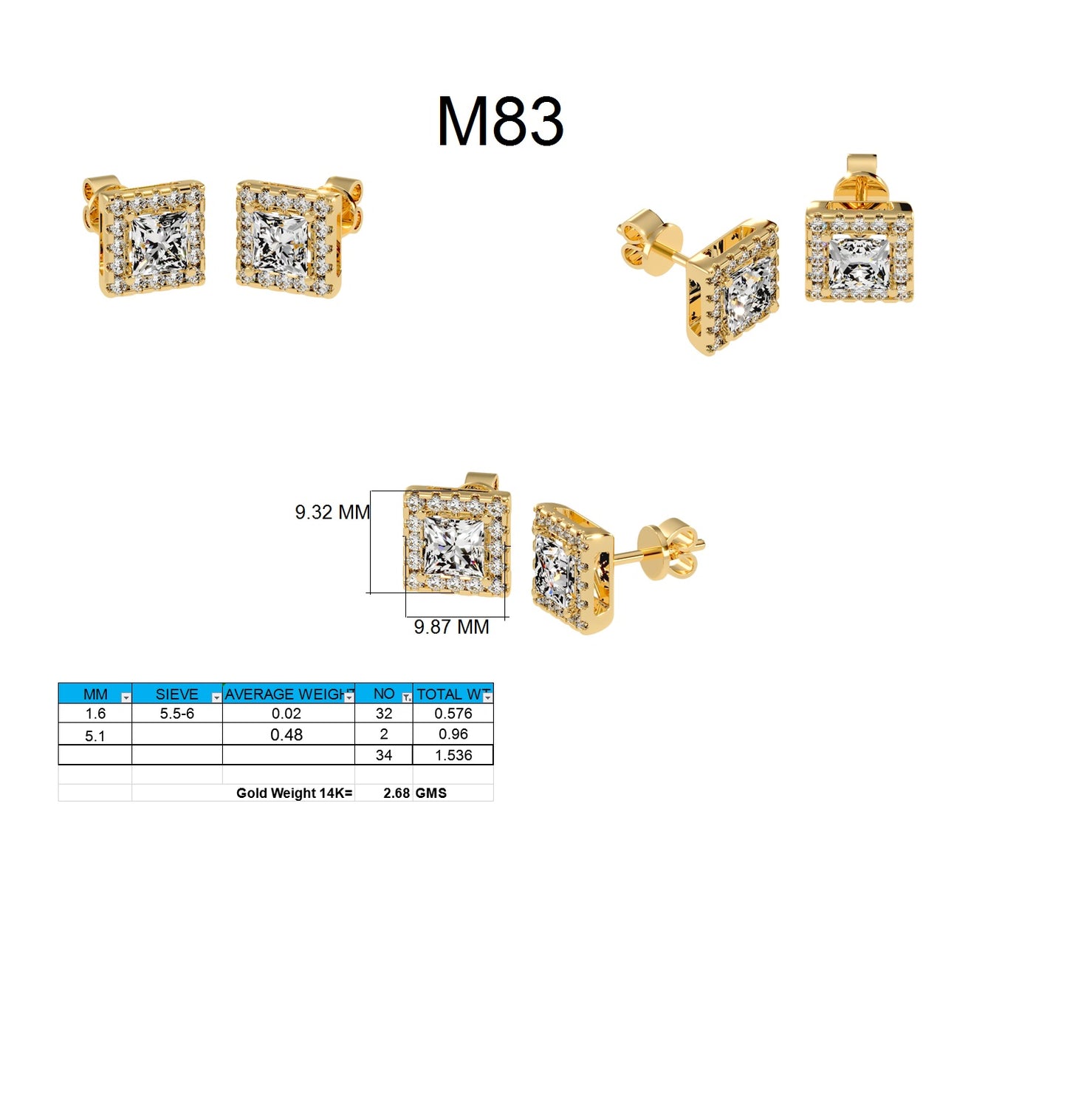 Princess Cut Diamond Stud Earrings Lab Grown Wedding Studs Halo Earring Gift for Women's