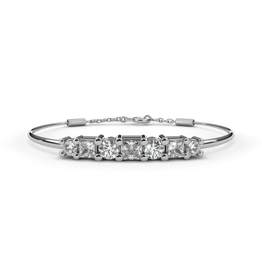 Round And Princess Cut Diamond Dainty Minimalist Perfect Stunning 7 Stone Wedding Bangle Bracelet  Gift For Her