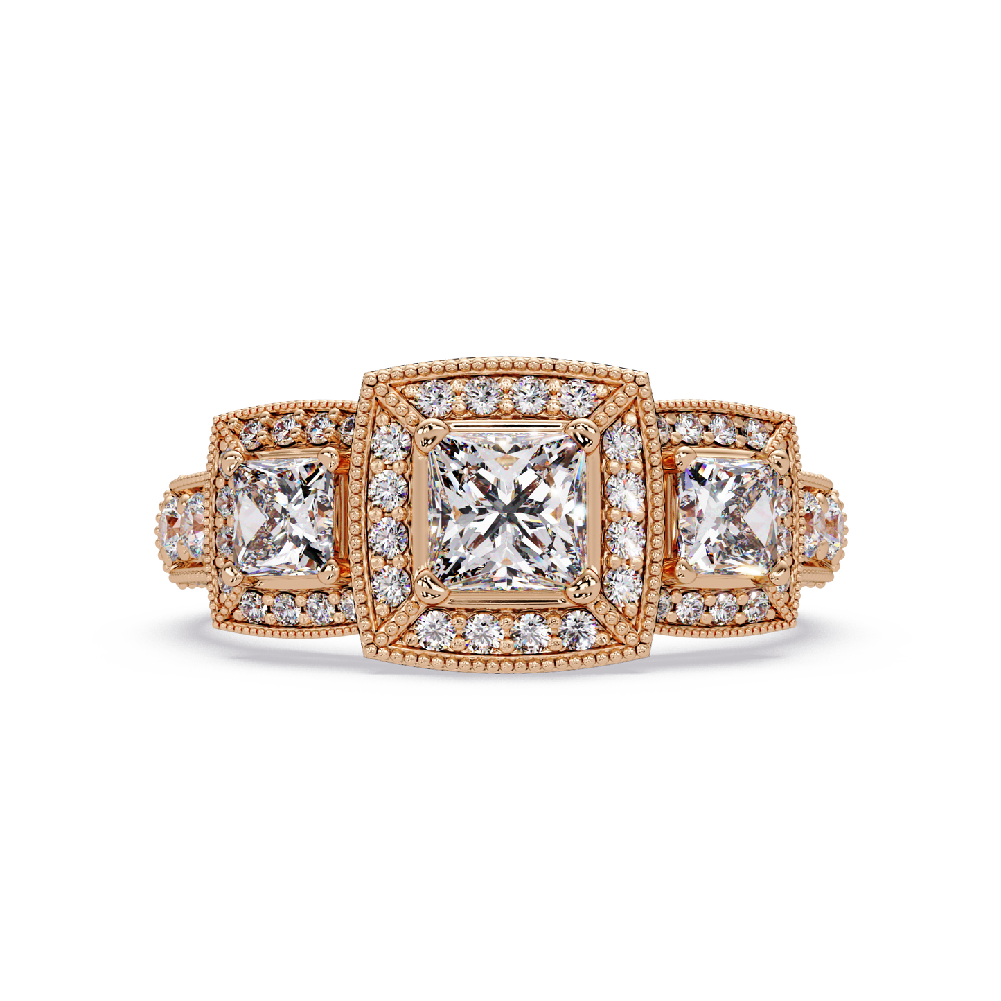 Three Stone Princess Cut Lab Grown Diamond Halo Accent Ring - HIGHCARAT DIAMONDS