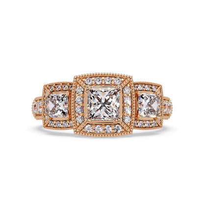 Three Stone Princess Cut Lab Grown Diamond Halo Accent Ring - HIGHCARAT DIAMONDS