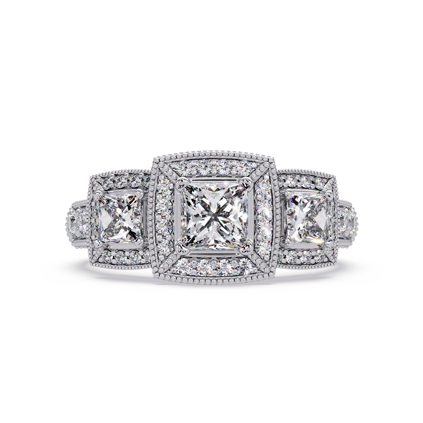 Three Stone Princess Cut Lab Grown Diamond Halo Accent Ring - HIGHCARAT DIAMONDS