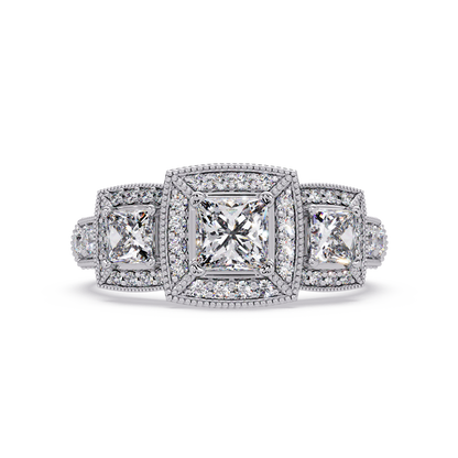 Three Stone Princess Cut Lab Grown Diamond Halo Accent Ring - HIGHCARAT DIAMONDS