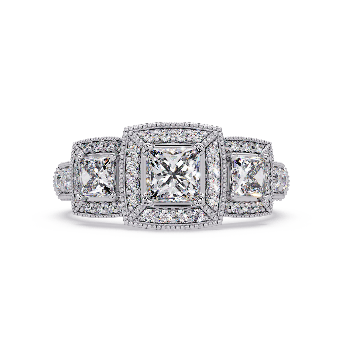 Three Stone Princess Cut Lab Grown Diamond Halo Accent Ring - HIGHCARAT DIAMONDS