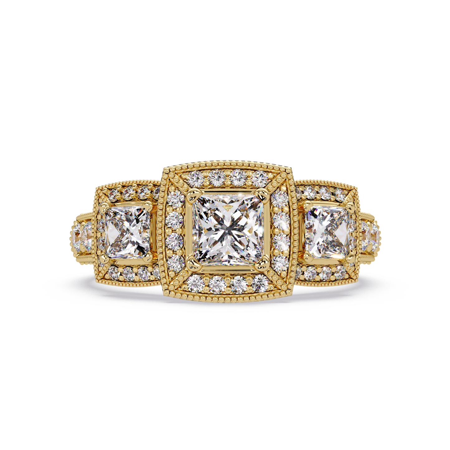 Three Stone Princess Cut Lab Grown Diamond Halo Accent Ring - HIGHCARAT DIAMONDS