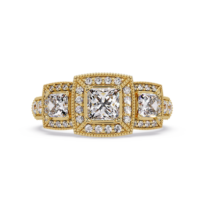 Three Stone Princess Cut Lab Grown Diamond Halo Accent Ring - HIGHCARAT DIAMONDS