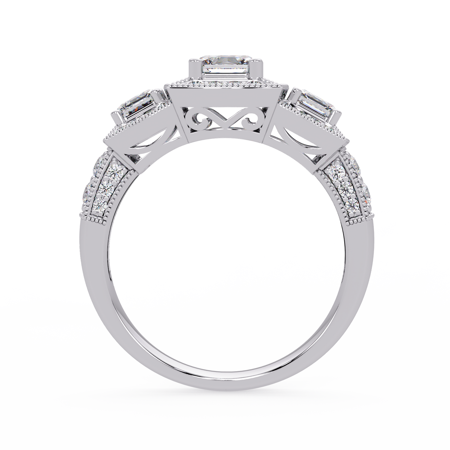 Three Stone Princess Cut Lab Grown Diamond Halo Accent Ring - HIGHCARAT DIAMONDS