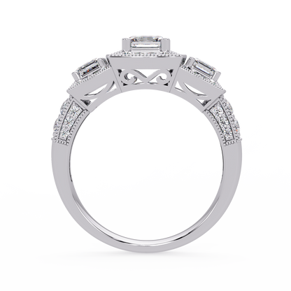 Three Stone Princess Cut Lab Grown Diamond Halo Accent Ring - HIGHCARAT DIAMONDS