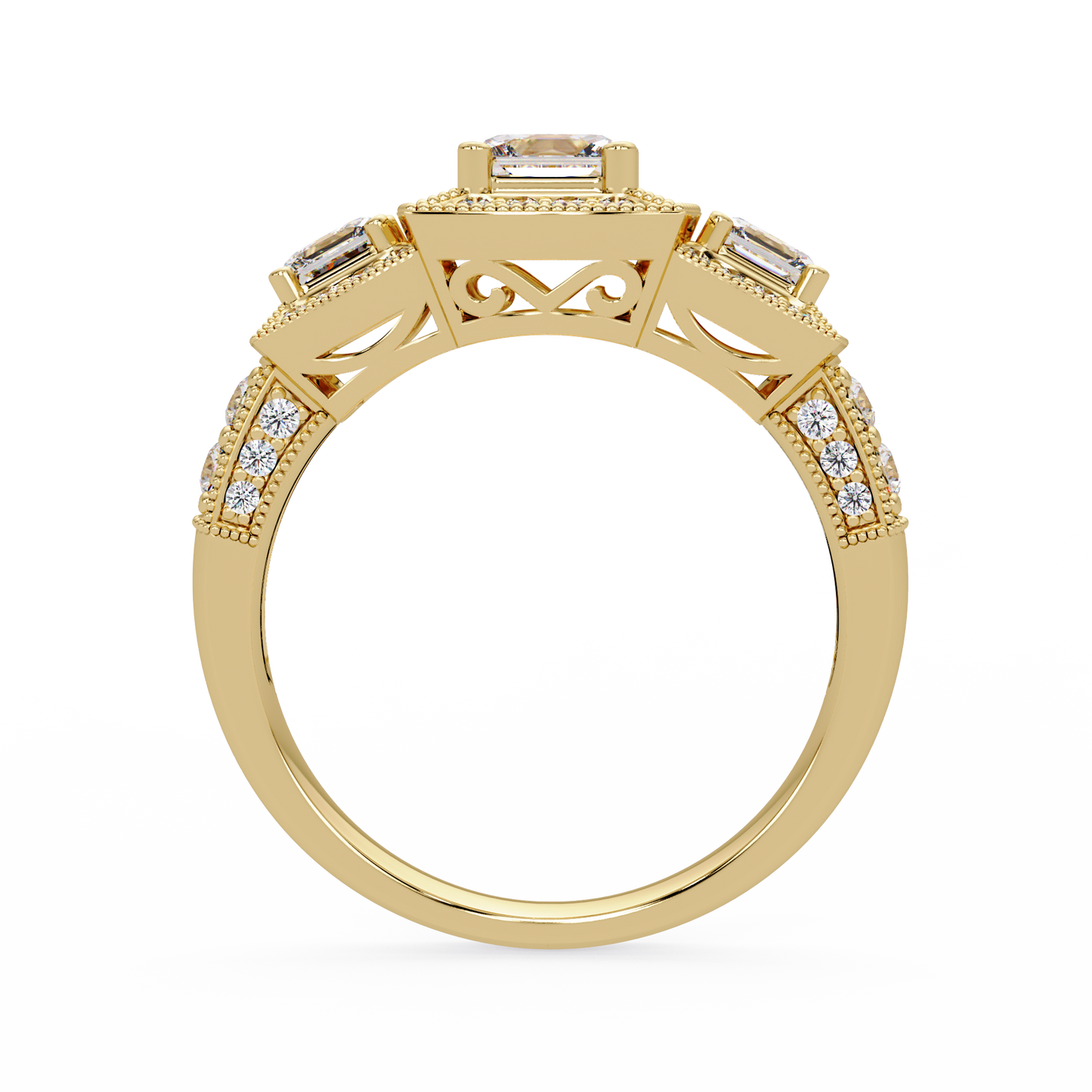 Three Stone Princess Cut Lab Grown Diamond Halo Accent Ring - HIGHCARAT DIAMONDS