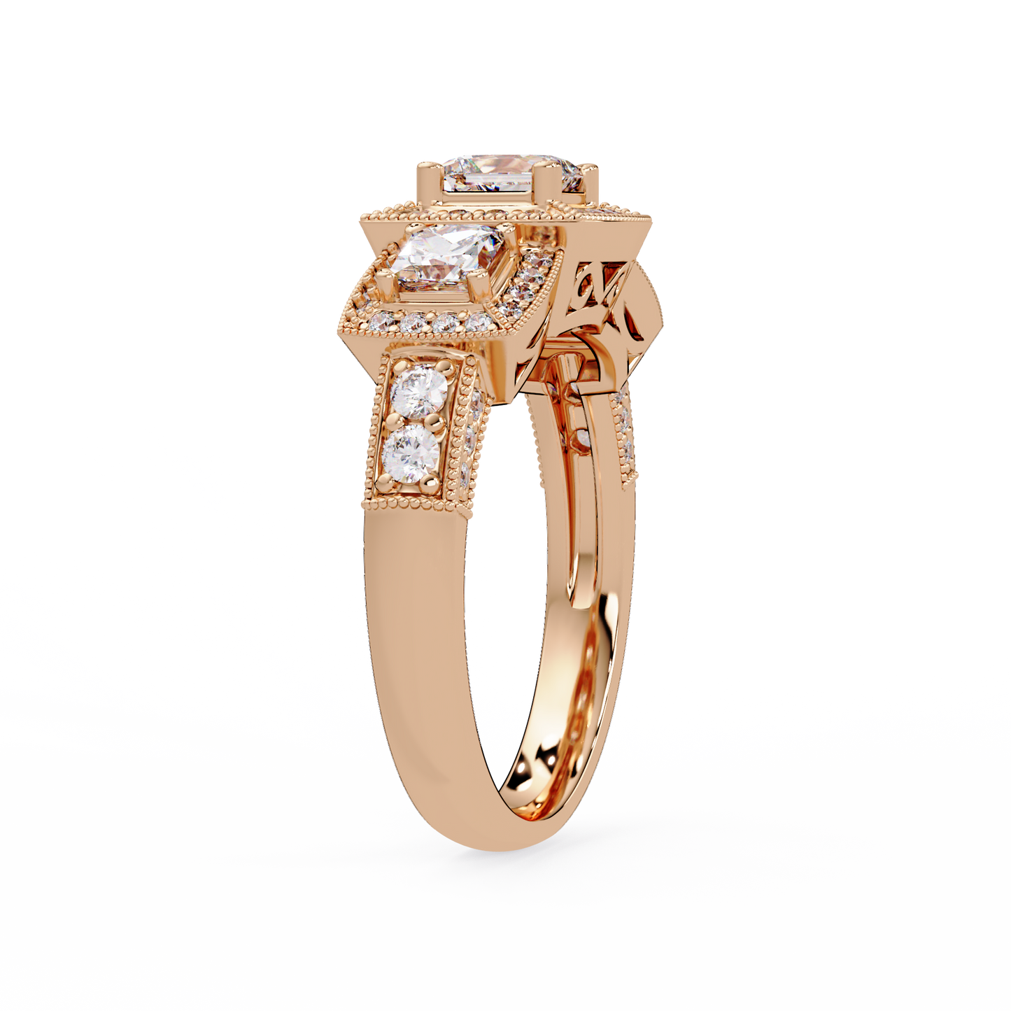 Three Stone Princess Cut Lab Grown Diamond Halo Accent Ring - HIGHCARAT DIAMONDS
