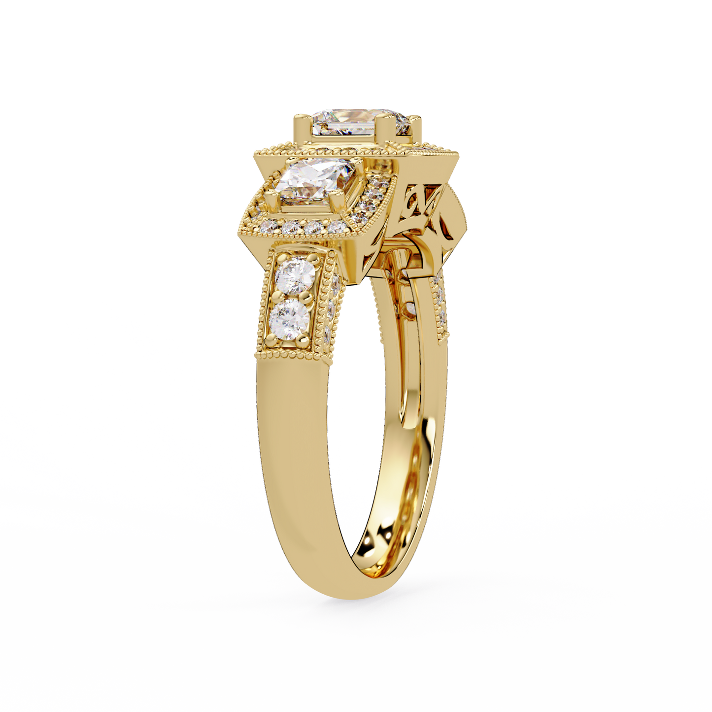 Three Stone Princess Cut Lab Grown Diamond Halo Accent Ring - HIGHCARAT DIAMONDS